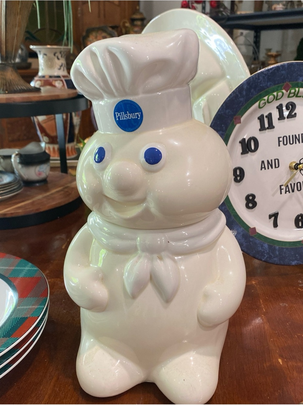 Vintage Pillsbury White Ceramic Doughboy Cookie Jar with Blue Eyes